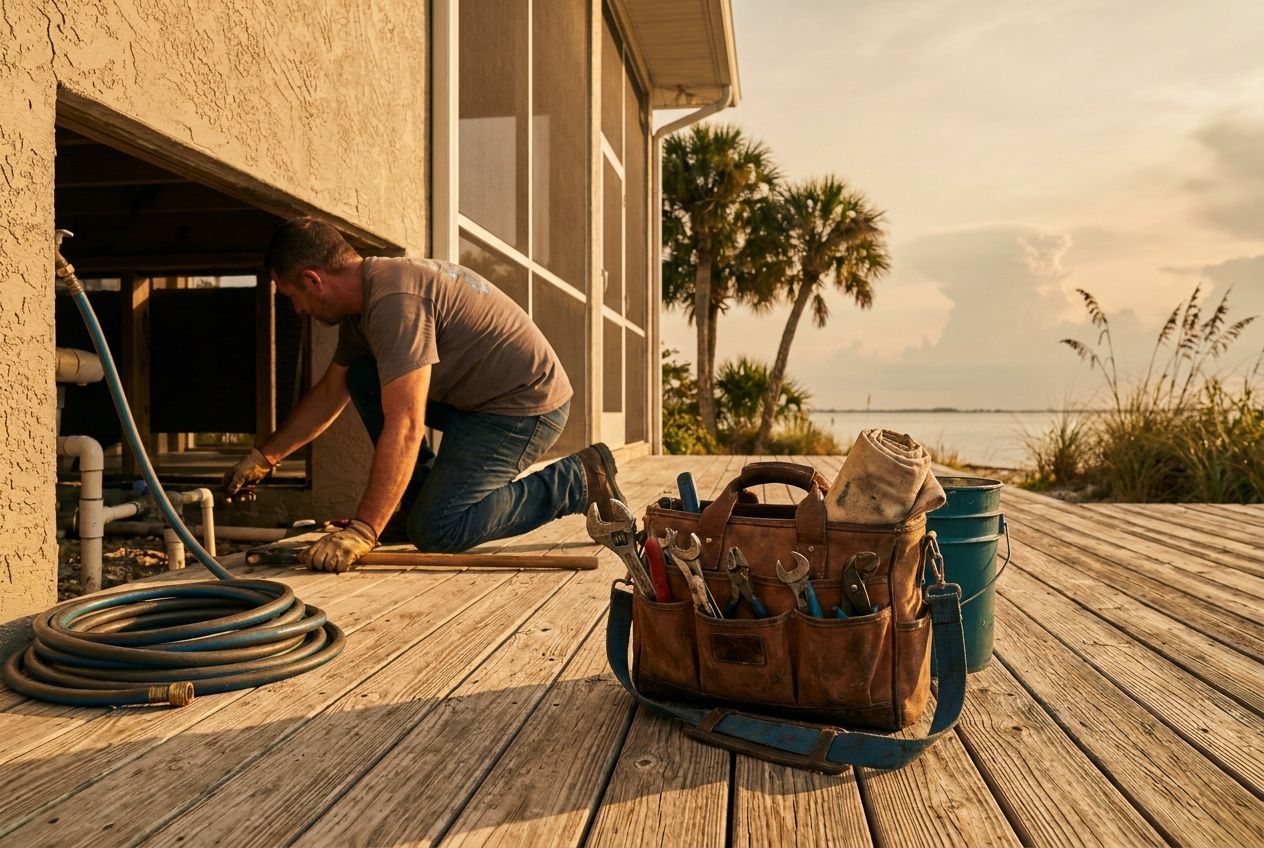 A plumber's tool bag sits on sun-bleached decking, with a background of wind-stunted palms and a screened lanai, late afternoon light casting long shadows.